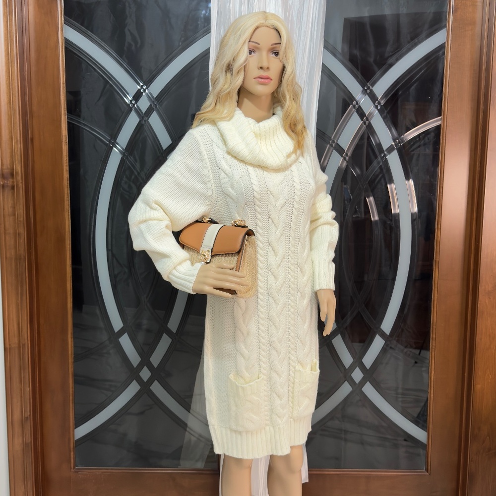 Cream, Long Sleeve, Cowel Neck Sweater Dress